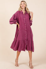 Load image into Gallery viewer, Mineral Wash Cotton Gauze Ruffle Midi Shirt Dress For Women – Casual and Feminine Button-Down Dress with Ruffle Details

