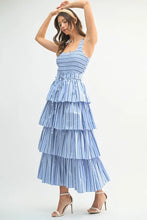 将图片加载到图库查看器，Pin Stripe Smocked Bodice Layered Midi Dress – Smocked Bodice Dress, Fluttering Pinstripe Midi Dress, Layered Midi Dress, Trendy Midi Dress, Flattering Pinstripe Dress
