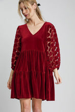 将图片加载到图库查看器，Dotted Lace Sleeve Tiered Velvet Mini Dress For Women – Vintage Lace Dress, Tiered Velvet Dress, Elegant Party Dress, Whimsical Lace Sleeve Dress, Chic Mini Dress
