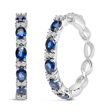 Load image into Gallery viewer, 14K White Gold 4x3mm Oval Blue Sapphire and 1/4 Cttw Diamond Alternating Hoop Earring (I-J Color, SI2-I1 Clarity)

