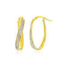 Load image into Gallery viewer, 14k Two-Tone Gold Oval Hoop Twist Glittery Earrings
