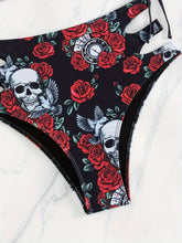 Load image into Gallery viewer, Bikini Skull Print Hollow-Out 2 Piece Swimsuit for Women – Sexy Lace-Up Floral Tie Bathing Suit with Crew Neck – High Stretch Halloween Inspired Bikini Set for Beach Party, Festival, and Summer Vacation
