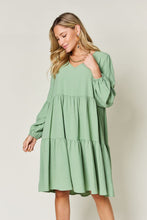Load image into Gallery viewer, Light Green Double Take Full Size V-Neck Sleeve Tiered Dress with Pockets Elegant &amp; Comfortable Casual Dress
