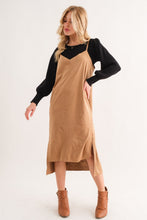 将图片加载到图库查看器，Faux Suede Cut Edge Slit Cami Midi Dress – Elegant Midi Dress, Faux Suede Dress, Chic Slit Dress, Sophisticated Dress, Versatile Cami Dress
