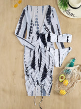 将图片加载到图库查看器，Horizon Haze 3-Piece Tie Dye Bandeau Bikini Set for Women – Strapless Tube Top with Long Sleeve Semi-Sheer Cover-Up Dress for Summer – Artistic Stripe Print Swimwear Ensemble for Bold Summer Fashion
