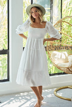 将图片加载到图库查看器，New Summer Dot Flounce Sleeve Smocked Tiered Midi Dress – Fluttering, Charming Swiss Dot Dress with Flounce Sleeves, Smocked Waist, and Tiered Design
