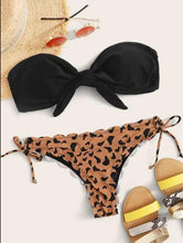 Load image into Gallery viewer, Beach Bikini Woman Lace Up Tie Strapless Leopard Swimsuit  Women's Halter Bikini V Cut Bottom Lace Up Two Piece Swimsuits Female Push Up Ruffled Bow Bathing Suit Thong Swimwear
