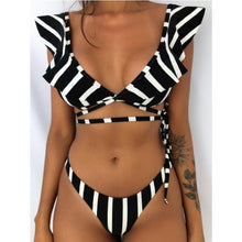Load image into Gallery viewer, Beach Bikini Woman Lace Up Tie Strapless Leopard Swimsuit  Women's Halter Bikini V Cut Bottom Lace Up Two Piece Swimsuits Female Push Up Ruffled Bow Bathing Suit Thong Swimwear
