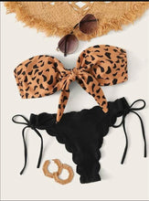 Load image into Gallery viewer, Beach Bikini Woman Lace Up Tie Strapless Leopard Swimsuit  Women's Halter Bikini V Cut Bottom Lace Up Two Piece Swimsuits Female Push Up Ruffled Bow Bathing Suit Thong Swimwear
