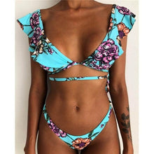 Load image into Gallery viewer, Beach Bikini Woman Lace Up Tie Strapless Leopard Swimsuit  Women's Halter Bikini V Cut Bottom Lace Up Two Piece Swimsuits Female Push Up Ruffled Bow Bathing Suit Thong Swimwear

