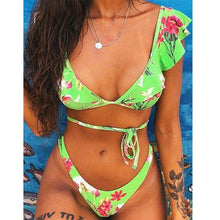 Load image into Gallery viewer, Beach Bikini Woman Lace Up Tie Strapless Leopard Swimsuit  Women's Halter Bikini V Cut Bottom Lace Up Two Piece Swimsuits Female Push Up Ruffled Bow Bathing Suit Thong Swimwear
