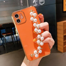 Load image into Gallery viewer, Beautiful White Pearl Chain Gold Color Plating Straight Edge Phone Case for iPhone 13 11 12 Pro Max Case for iPhone X XS MAX XR 7 8 Plus Phone Case Plating Pearl Chain Wrist Bracelet Cover
