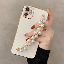 Load image into Gallery viewer, Beautiful White Pearl Chain Gold Color Plating Straight Edge Phone Case for iPhone 13 11 12 Pro Max Case for iPhone X XS MAX XR 7 8 Plus Phone Case Plating Pearl Chain Wrist Bracelet Cover
