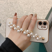 Load image into Gallery viewer, Beautiful White Pearl Chain Gold Color Plating Straight Edge Phone Case for iPhone 13 11 12 Pro Max Case for iPhone X XS MAX XR 7 8 Plus Phone Case Plating Pearl Chain Wrist Bracelet Cover
