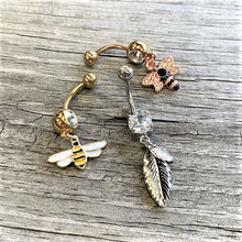 将图片加载到图库查看器，Clear Gem Gold Tone Striped Bee Dangle Belly Ring

