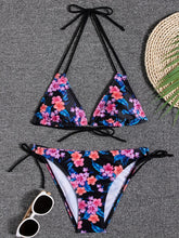 Load image into Gallery viewer, Sunset Bloom 2-Piece Triangle Bikini Set for Women – Vibrant Random Floral Print Halter Neck Swimsuit with Tie-Back Tie-Side Bottoms &amp; High Cut Legs – Women's High-Stretch Swimwear for Summer Beach Escapes
