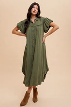 Load image into Gallery viewer, Mineral Washed Button Down Puff Sleeve Shirt Dress For Women – Fluttering, Fashionable Button Down Dress with Puff Sleeves, Mineral Wash for an Effortlessly Chic Look
