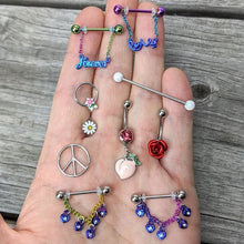 将图片加载到图库查看器，14G 11/16 Clear Gem Rainbow Padlock Heart Dangle Nipple Ring Set

