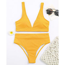 Load image into Gallery viewer, Bikini High Waist Swimwear Women's Swimsuits Push Up Ribbed Bathing Suits Black V-Neck Bikinis Set  High Waist Tummy Control Bathing Suits For Women Deep V Neck Black Comfortable Beachwear
