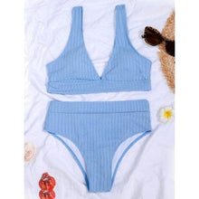 Load image into Gallery viewer, Bikini High Waist Swimwear Women's Swimsuits Push Up Ribbed Bathing Suits Black V-Neck Bikinis Set  High Waist Tummy Control Bathing Suits For Women Deep V Neck Black Comfortable Beachwear
