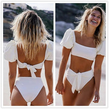 Load image into Gallery viewer, Bikini New 2 Piece Women Swimsuit Women's High Waist Bikini Set Fashion Puff Sleeve Swimwear Set Bathing Suits Solid Color Short Puff Sleeve Summer High Waist Cut Backless Bathing Suit Beachwear
