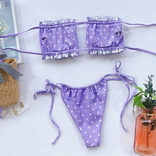 将图片加载到图库查看器，Bikini  Pleated Swimsuit Female Swimwear Women's  Ruffle Tie Side Bikini Set High Cut Strapless Padded Solid Bathing Suit Women Mini Thong Bikini Set Bather Swimming Beachwear For Bathing Suit
