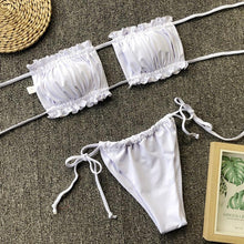 将图片加载到图库查看器，Bikini  Pleated Swimsuit Female Swimwear Women's  Ruffle Tie Side Bikini Set High Cut Strapless Padded Solid Bathing Suit Women Mini Thong Bikini Set Bather Swimming Beachwear For Bathing Suit

