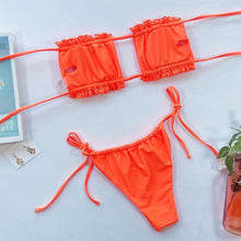 将图片加载到图库查看器，Bikini  Pleated Swimsuit Female Swimwear Women's  Ruffle Tie Side Bikini Set High Cut Strapless Padded Solid Bathing Suit Women Mini Thong Bikini Set Bather Swimming Beachwear For Bathing Suit
