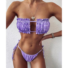将图片加载到图库查看器，Bikini  Pleated Swimsuit Female Swimwear Women's  Ruffle Tie Side Bikini Set High Cut Strapless Padded Solid Bathing Suit Women Mini Thong Bikini Set Bather Swimming Beachwear For Bathing Suit
