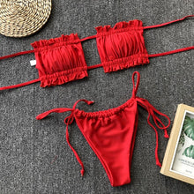 将图片加载到图库查看器，Bikini  Pleated Swimsuit Female Swimwear Women's  Ruffle Tie Side Bikini Set High Cut Strapless Padded Solid Bathing Suit Women Mini Thong Bikini Set Bather Swimming Beachwear For Bathing Suit
