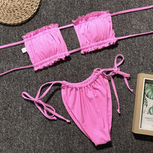 将图片加载到图库查看器，Bikini  Pleated Swimsuit Female Swimwear Women's  Ruffle Tie Side Bikini Set High Cut Strapless Padded Solid Bathing Suit Women Mini Thong Bikini Set Bather Swimming Beachwear For Bathing Suit
