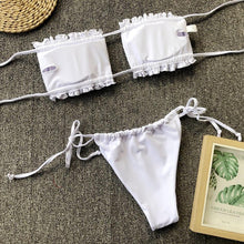 将图片加载到图库查看器，Bikini  Pleated Swimsuit Female Swimwear Women's  Ruffle Tie Side Bikini Set High Cut Strapless Padded Solid Bathing Suit Women Mini Thong Bikini Set Bather Swimming Beachwear For Bathing Suit
