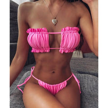 将图片加载到图库查看器，Bikini  Pleated Swimsuit Female Swimwear Women's  Ruffle Tie Side Bikini Set High Cut Strapless Padded Solid Bathing Suit Women Mini Thong Bikini Set Bather Swimming Beachwear For Bathing Suit
