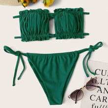 将图片加载到图库查看器，Bikini  Pleated Swimsuit Female Swimwear Women's  Ruffle Tie Side Bikini Set High Cut Strapless Padded Solid Bathing Suit Women Mini Thong Bikini Set Bather Swimming Beachwear For Bathing Suit
