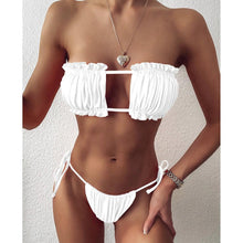 将图片加载到图库查看器，Bikini  Pleated Swimsuit Female Swimwear Women's  Ruffle Tie Side Bikini Set High Cut Strapless Padded Solid Bathing Suit Women Mini Thong Bikini Set Bather Swimming Beachwear For Bathing Suit

