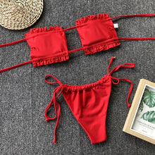 将图片加载到图库查看器，Bikini  Pleated Swimsuit Female Swimwear Women's  Ruffle Tie Side Bikini Set High Cut Strapless Padded Solid Bathing Suit Women Mini Thong Bikini Set Bather Swimming Beachwear For Bathing Suit
