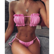 将图片加载到图库查看器，Bikini  Pleated Swimsuit Female Swimwear Women's  Ruffle Tie Side Bikini Set High Cut Strapless Padded Solid Bathing Suit Women Mini Thong Bikini Set Bather Swimming Beachwear For Bathing Suit
