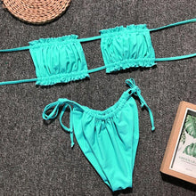 将图片加载到图库查看器，Bikini  Pleated Swimsuit Female Swimwear Women's  Ruffle Tie Side Bikini Set High Cut Strapless Padded Solid Bathing Suit Women Mini Thong Bikini Set Bather Swimming Beachwear For Bathing Suit
