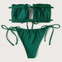 将图片加载到图库查看器，Bikini  Pleated Swimsuit Female Swimwear Women's  Ruffle Tie Side Bikini Set High Cut Strapless Padded Solid Bathing Suit Women Mini Thong Bikini Set Bather Swimming Beachwear For Bathing Suit
