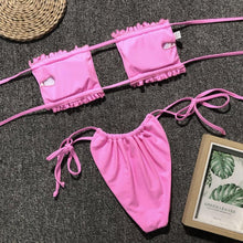 将图片加载到图库查看器，Bikini  Pleated Swimsuit Female Swimwear Women's  Ruffle Tie Side Bikini Set High Cut Strapless Padded Solid Bathing Suit Women Mini Thong Bikini Set Bather Swimming Beachwear For Bathing Suit
