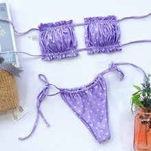 将图片加载到图库查看器，Bikini  Pleated Swimsuit Female Swimwear Women's  Ruffle Tie Side Bikini Set High Cut Strapless Padded Solid Bathing Suit Women Mini Thong Bikini Set Bather Swimming Beachwear For Bathing Suit
