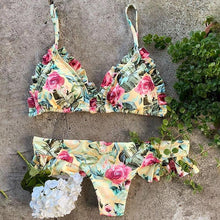 Load image into Gallery viewer, Bikini Set Women Swimwear Push Up Swimsuit Top Solid Bottom Print Bathing Suit Swim Wear Beach Women’s Floral Print Push-Up V-Wire Lettuce Bikini Set High Cut Spaghetti Straps Underwire Padded Swimsuit
