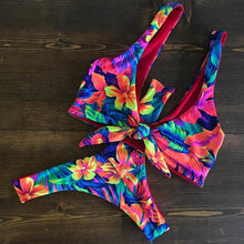 Load image into Gallery viewer, Bikini Set Women Swimwear Push Up Swimsuit Top Solid Bottom Print Bathing Suit Swim Wear Beach Women’s Floral Print Push-Up V-Wire Lettuce Bikini Set High Cut Spaghetti Straps Underwire Padded Swimsuit
