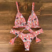 Load image into Gallery viewer, Bikini Set Women Swimwear Push Up Swimsuit Top Solid Bottom Print Bathing Suit Swim Wear Beach Women’s Floral Print Push-Up V-Wire Lettuce Bikini Set High Cut Spaghetti Straps Underwire Padded Swimsuit
