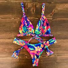 Load image into Gallery viewer, Bikini Set Women Swimwear Push Up Swimsuit Top Solid Bottom Print Bathing Suit Swim Wear Beach Women’s Floral Print Push-Up V-Wire Lettuce Bikini Set High Cut Spaghetti Straps Underwire Padded Swimsuit
