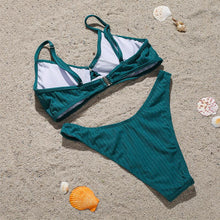 将图片加载到图库查看器，Bikini Swimwear Women Green Swimsuits Bathing Suit Beachwear Women's Ribbed Braided String Bikini Lace Up Swimsuit Square Collar High Cut Bathing Suit
