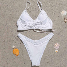 将图片加载到图库查看器，Bikini Swimwear Women Green Swimsuits Bathing Suit Beachwear Women's Ribbed Braided String Bikini Lace Up Swimsuit Square Collar High Cut Bathing Suit
