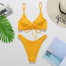 将图片加载到图库查看器，Bikini Swimwear Women Green Swimsuits Bathing Suit Beachwear Women's Ribbed Braided String Bikini Lace Up Swimsuit Square Collar High Cut Bathing Suit
