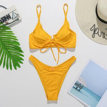 将图片加载到图库查看器，Bikini Swimwear Women Green Swimsuits Bathing Suit Beachwear Women's Ribbed Braided String Bikini Lace Up Swimsuit Square Collar High Cut Bathing Suit
