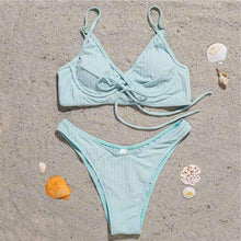 将图片加载到图库查看器，Bikini Swimwear Women Green Swimsuits Bathing Suit Beachwear Women's Ribbed Braided String Bikini Lace Up Swimsuit Square Collar High Cut Bathing Suit
